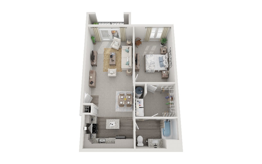 The Ballentine - 1 bedroom floorplan layout with 1 bath and 727 square feet.