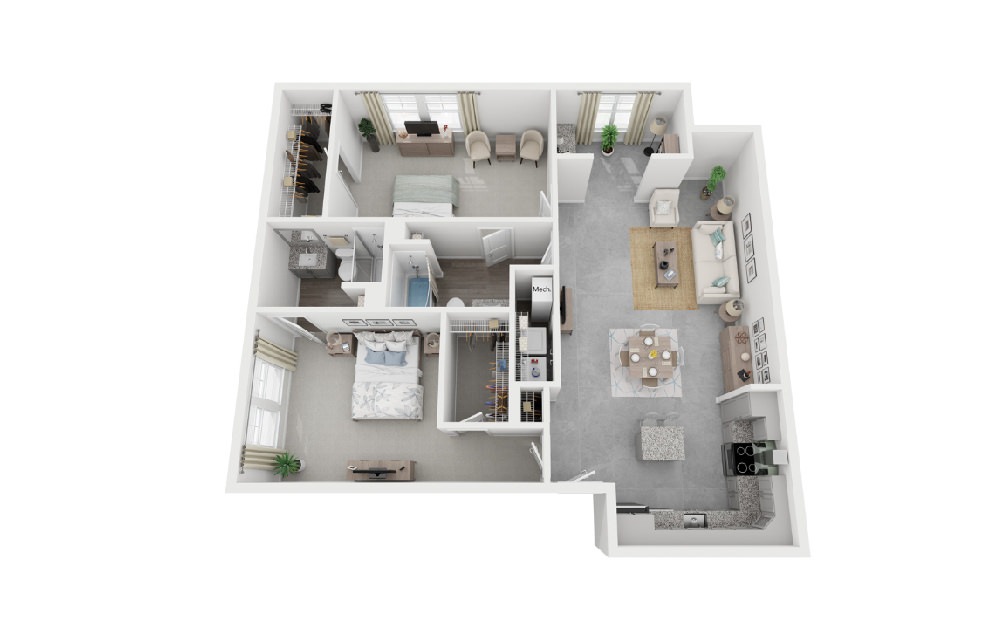 The Roland with Office - 2 bedroom floorplan layout with 2 baths and 1260 square feet.