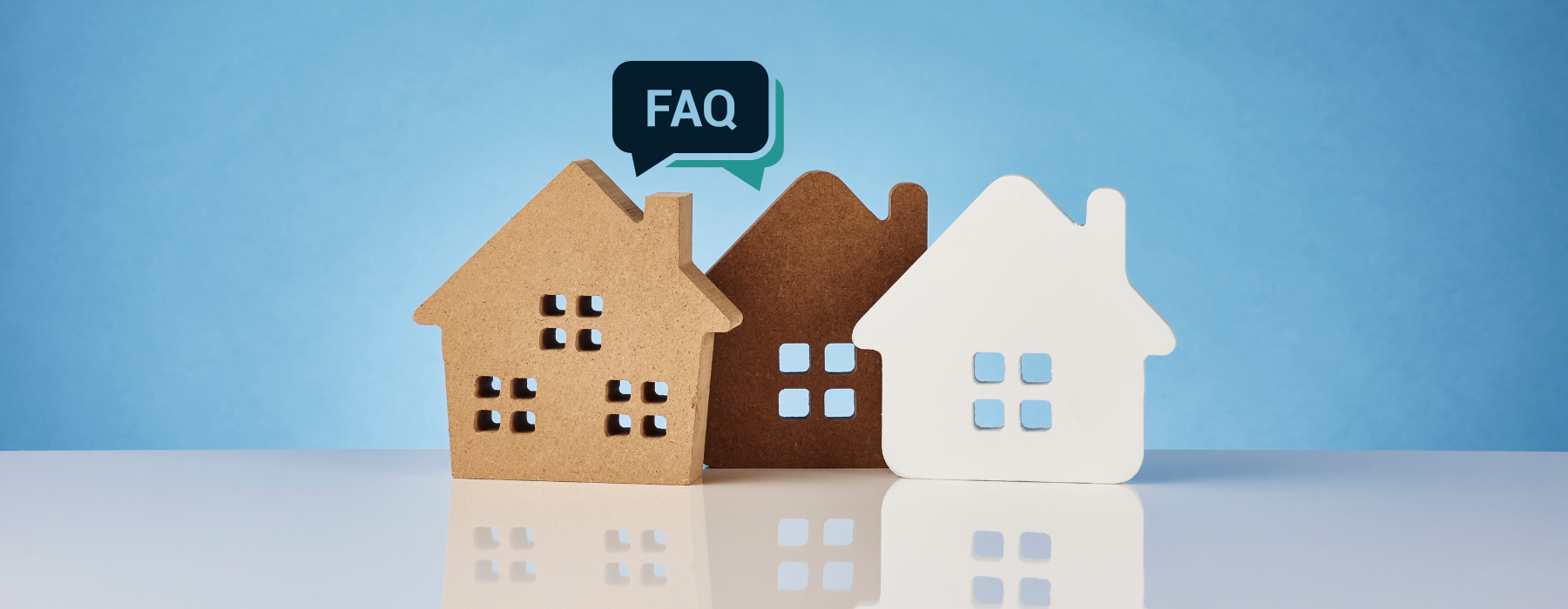 Three colorful house icons alongside an FAQ graphic representing frequently asked questions for Aldon at Powell & Broad apartments in Fuquay-Varina, NC.