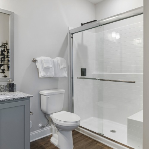 Stylish Bathroom with Spacious Shower and Ample Storage at Aldon at Powell & Broad Modern bathroom at Aldon at Powell & Broad, showcasing a spacious shower, large mirror, sink with under-sink storage, ample countertop space, and a convenient linen closet in Fuquay-Varina, NC.